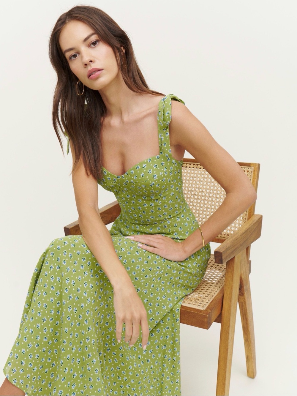 Reformation Nadira Green Floral Dress with Tie Straps